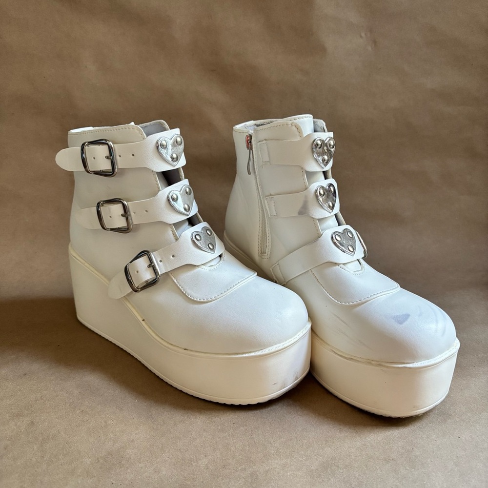White Platform Heart Buckle Ankle Boots